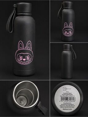 Labubu Black Water Bottle with Pink Bunny Graphic - Insulated Drinkware